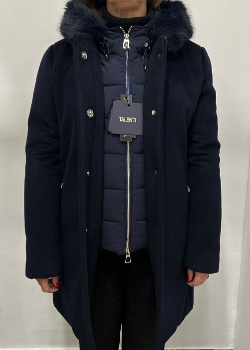 Talenti Donna Cappotto in 100% Pura Lana, Pettorina e Cappuccio con Eco Pelliccia