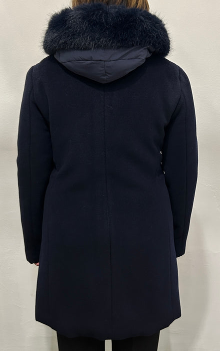 Talenti Donna Cappotto in 100% Pura Lana, Pettorina e Cappuccio con Eco Pelliccia